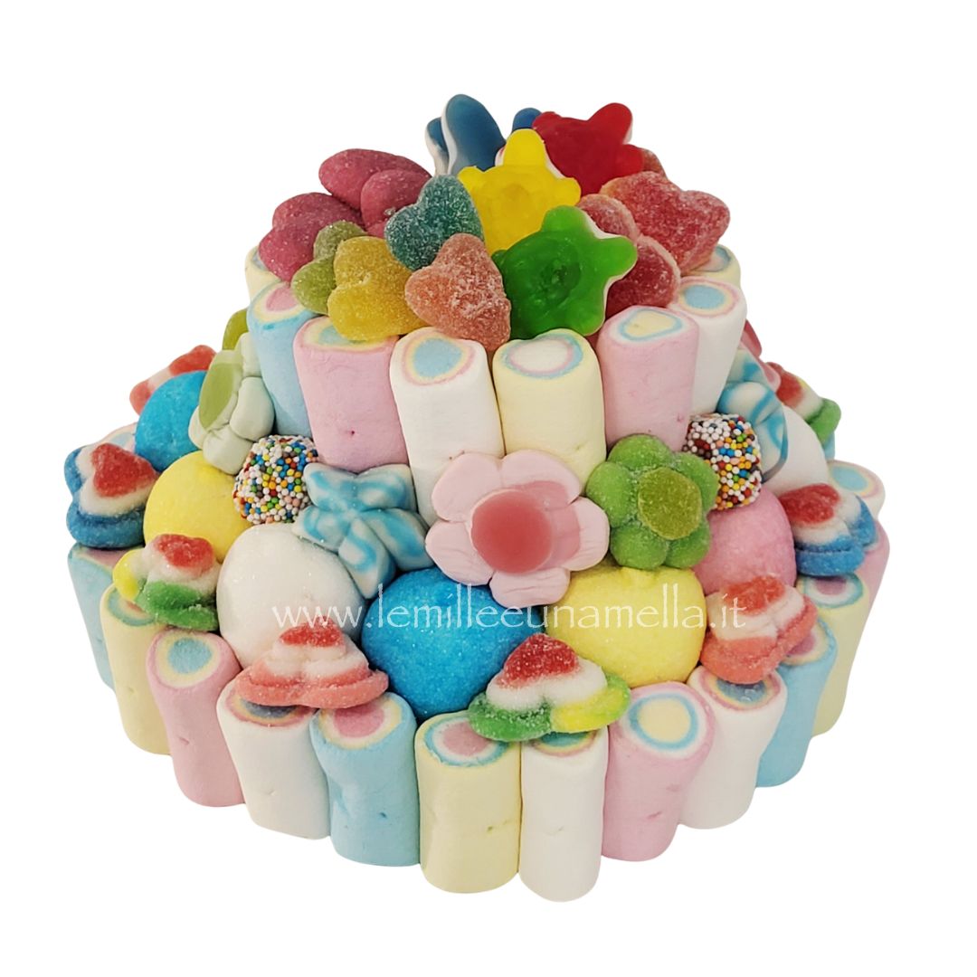 Torta a due piani di caramelle gommose e marshmallow per compleanni Le Mille e Una Mella Como